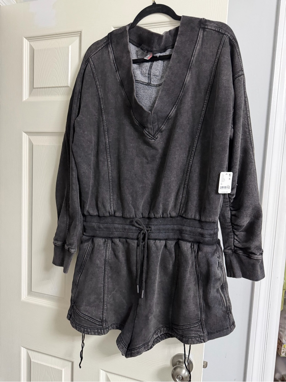 Washed Charcoal V-Neck Drawstring Sweatshirt Romper NWT - Picture 2 of 10